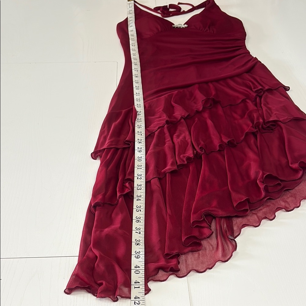 Y2K 2000s Party Dress Burgundy Halter Ruffle Asymmetrical Tiered Size Medium - Picture 8 of 11